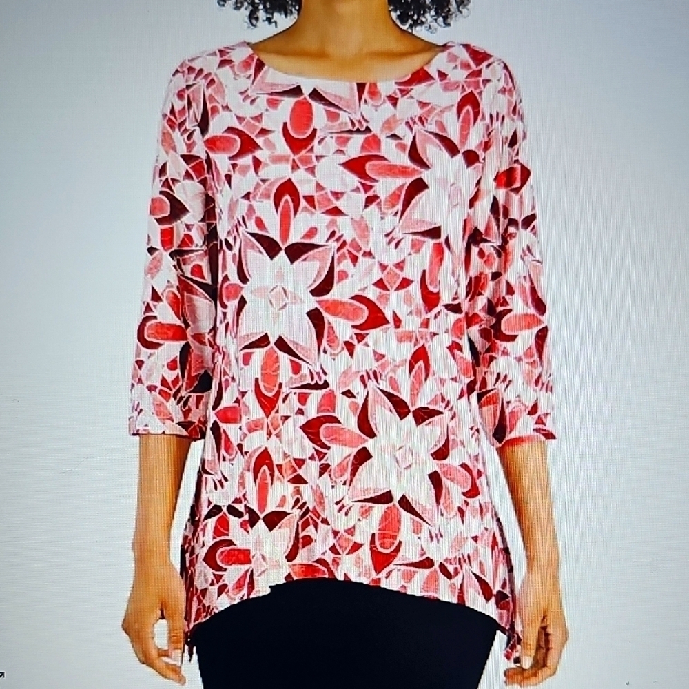 New JM Collection Petite Floral Red Tunic Office Travel XL